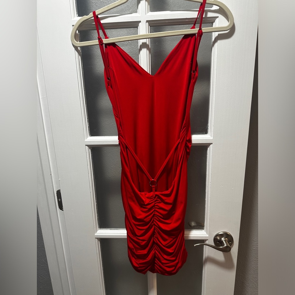 Tiger Mist Red Silky Ruched Dress - Picture 3 of 7